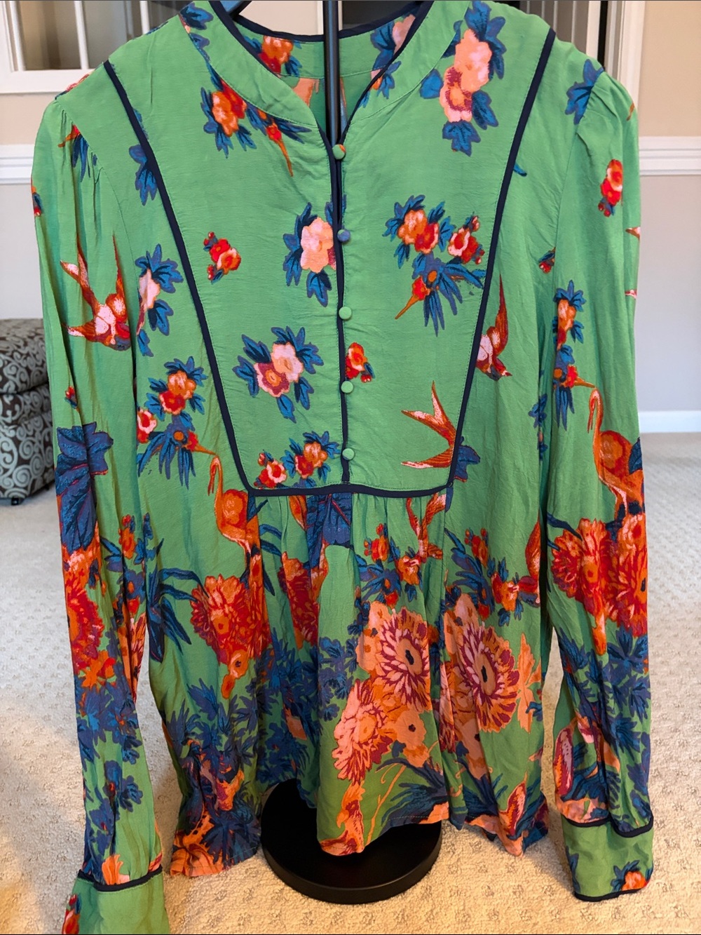 Anthropologie Green Floral Button-Front Blouse with Navy Trim
